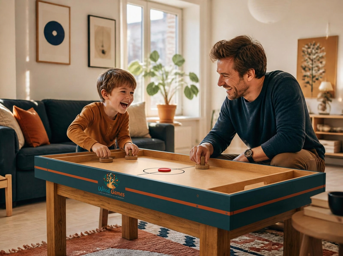 Pai e filho jogando air hockey de madeira Wood Games